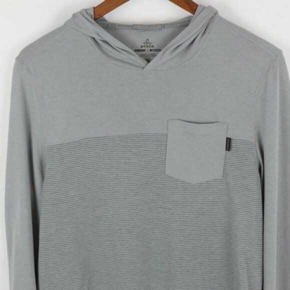 Prana Milo Men's Small Gray Striped Cotton Blend Hooded Long Sleeve Pocket Tee - Picture 3 of 8